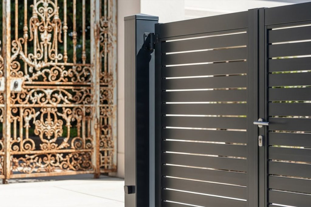 portões de alumínio, portão de alumínio residencial, portão de alumínio comercial, alumínio vs ferro, resistência à corrosão, baixa manutenção, perfis para portões, acabamento em alumínio, portões modernos, durabilidade do alumínio